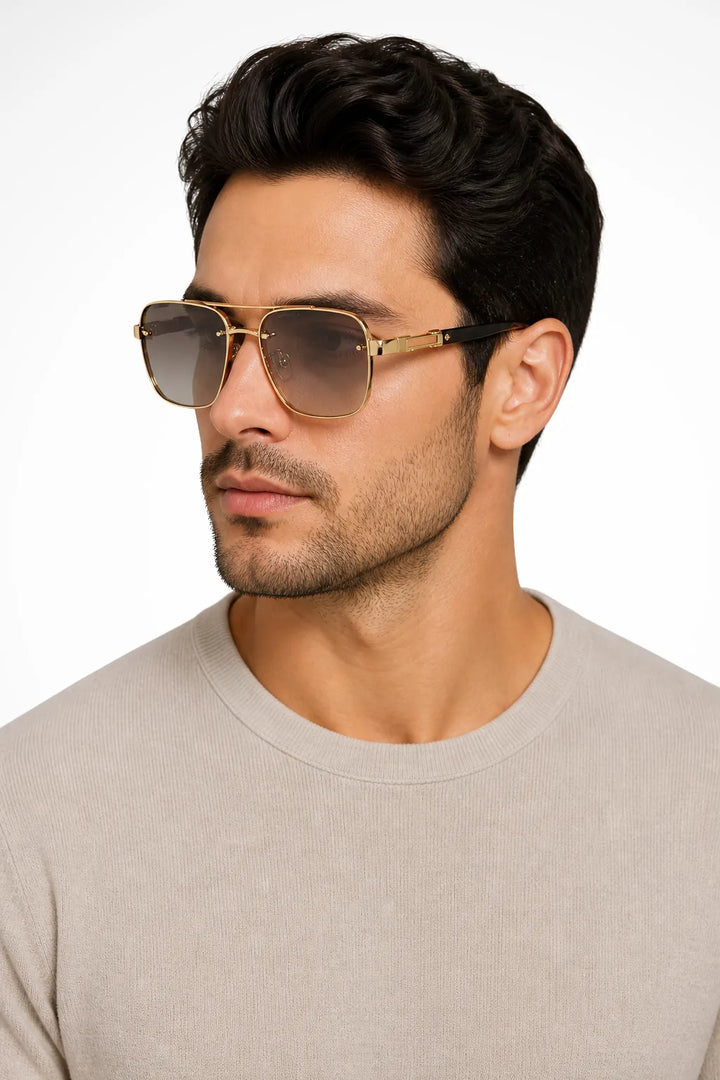 Grey navigator double bridge metal sunglasses with gold frames, front view