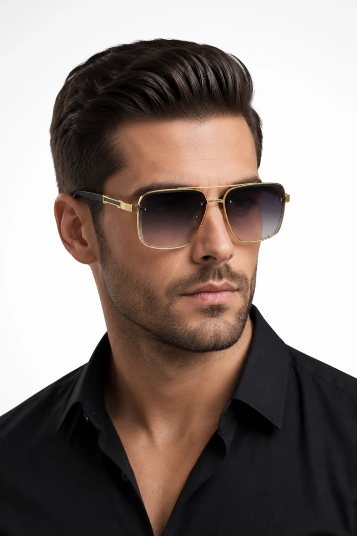 Grey navigator double bridge metal sunglasses with purple frames, front view