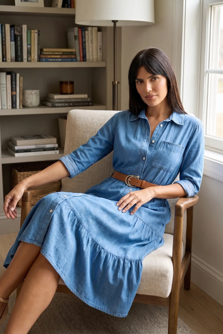 Model wearing tiered denim shirt dress in blue in an outdoor lifestyle setting