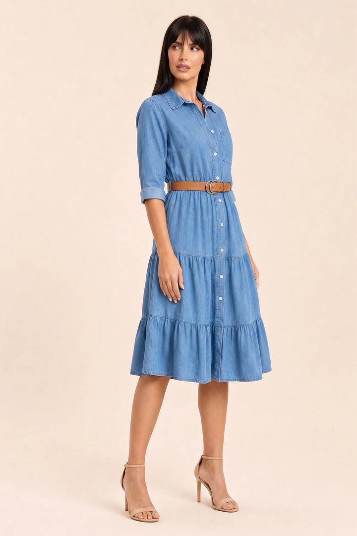 Tiered denim shirt dress in blue, model in three-quarter turn