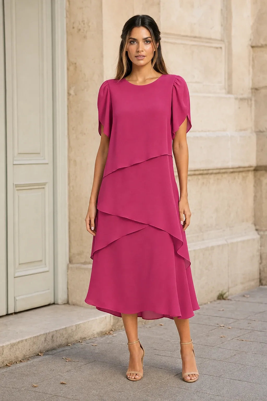 Pink tiered chiffon midi dress on a model in a contrapposto stance