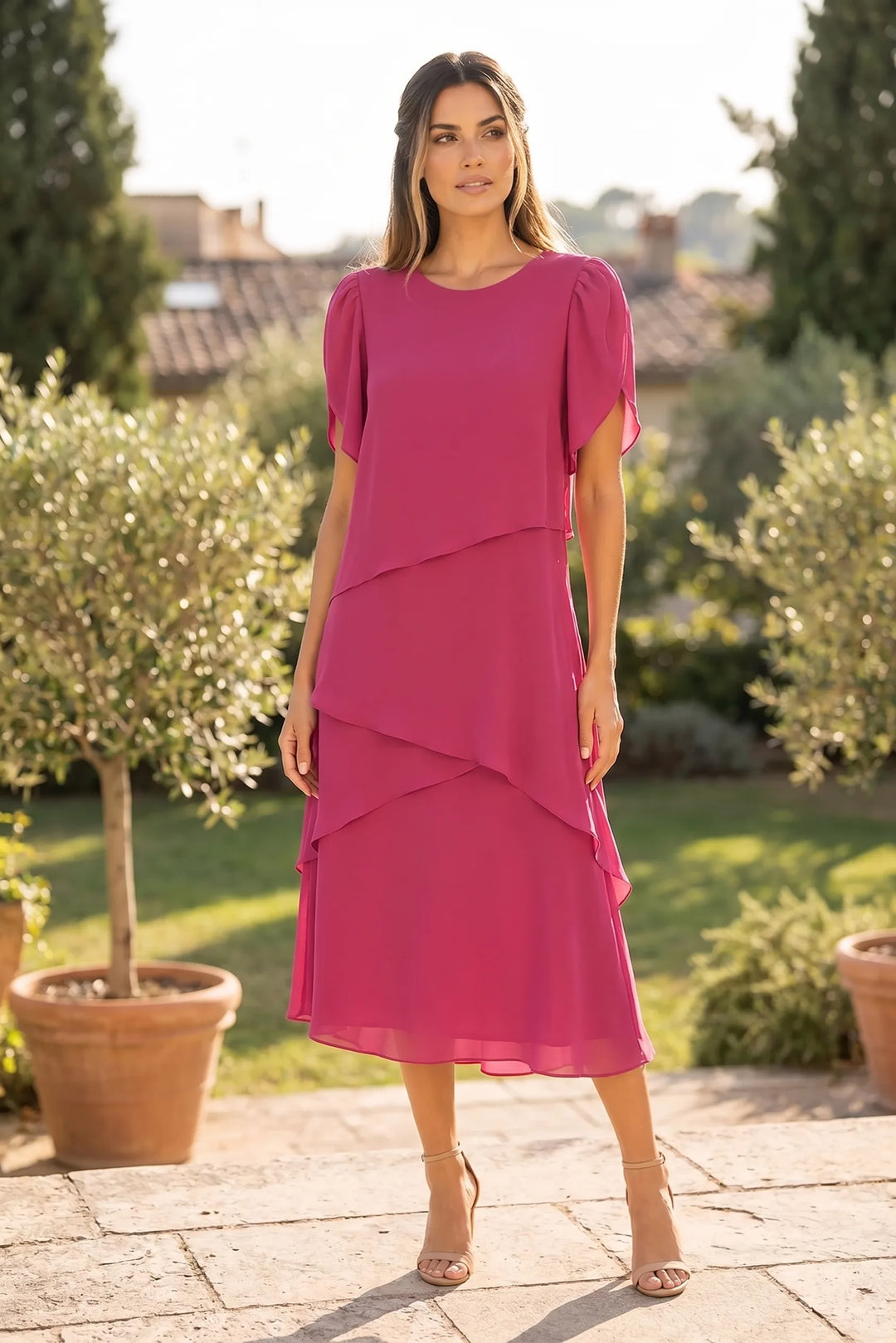 Model wearing a pink tiered chiffon midi dress in a lifestyle setting
