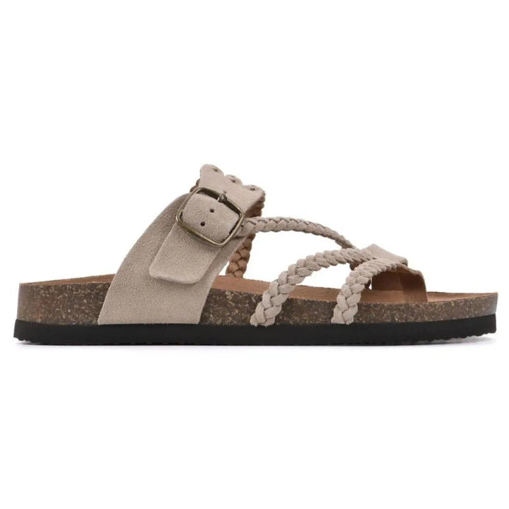 Beige braided strap slide sandal, three-quarter angle view