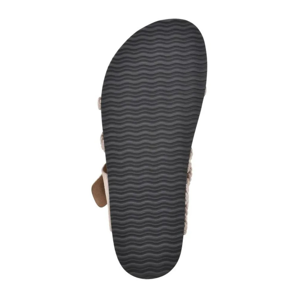 Green braided strap slide sandal, heel view