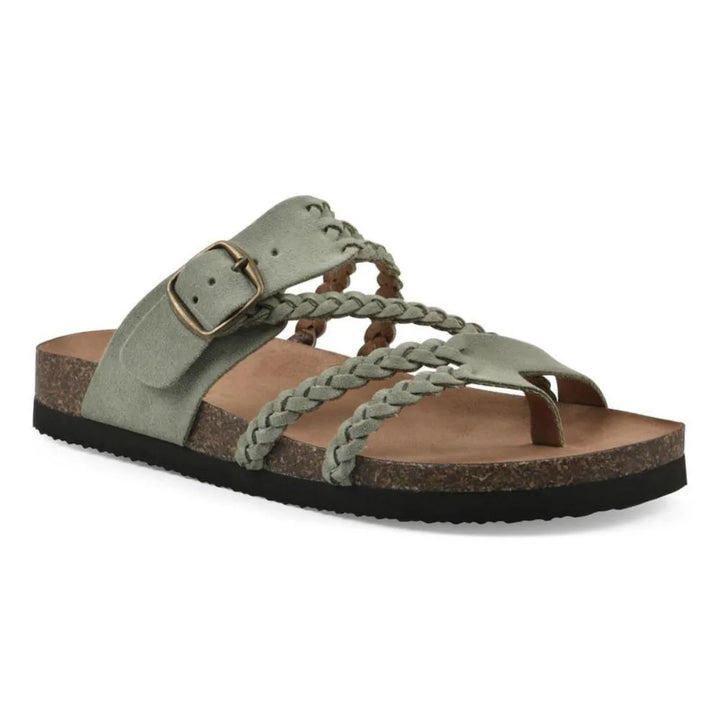 Green braided strap slide sandal, front view