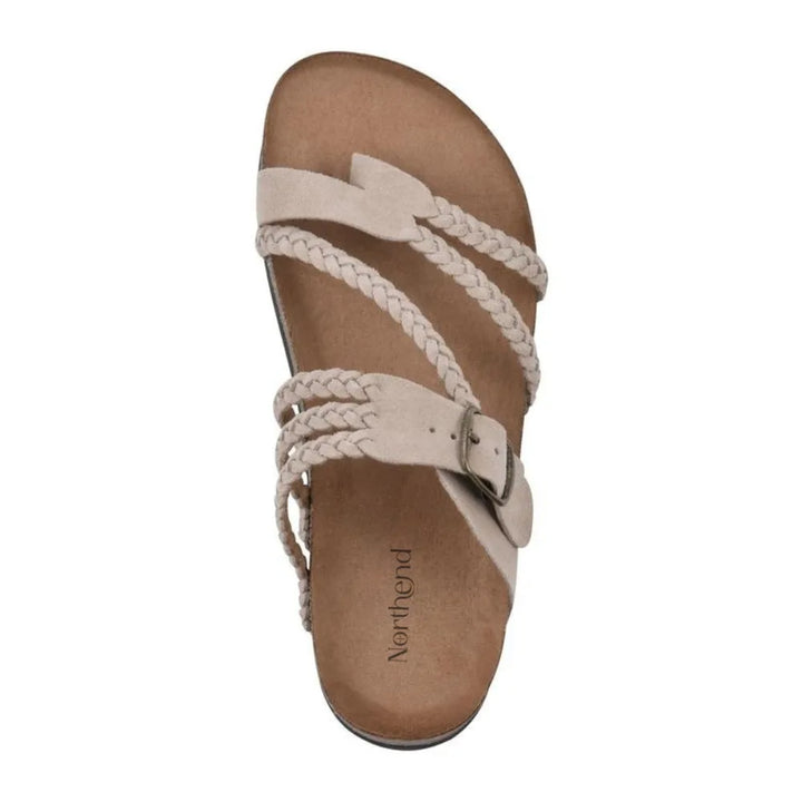 Green braided strap slide sandal, side profile view