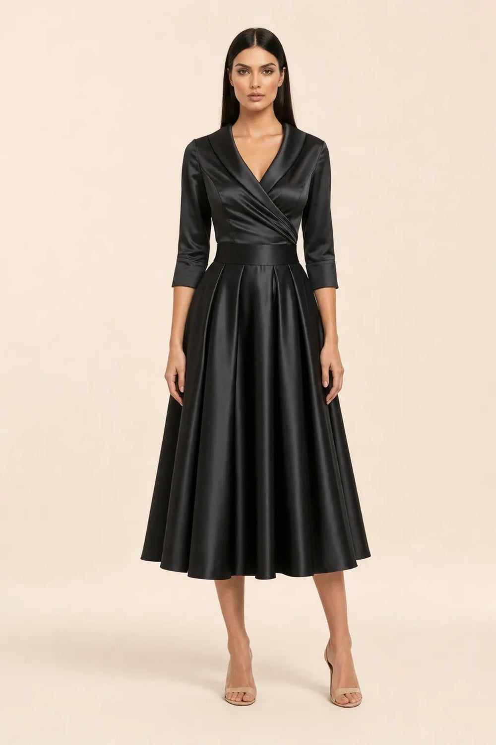 Black pleated satin midi skirt on a model in a contrapposto stance
