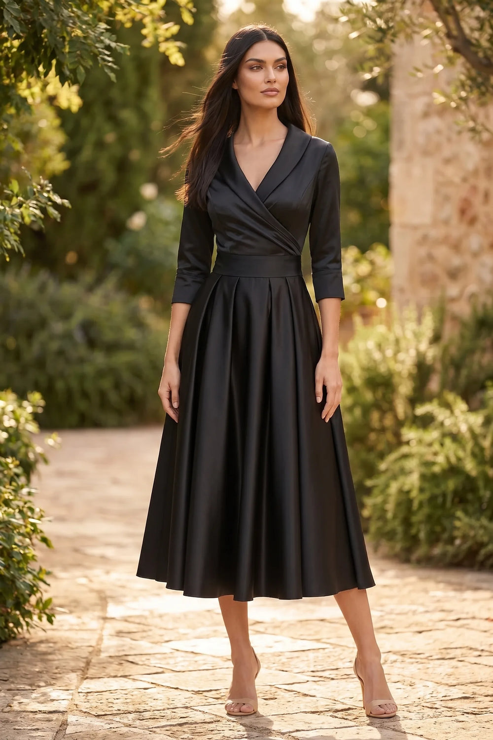 Model wearing a black pleated satin midi skirt in a lifestyle setting