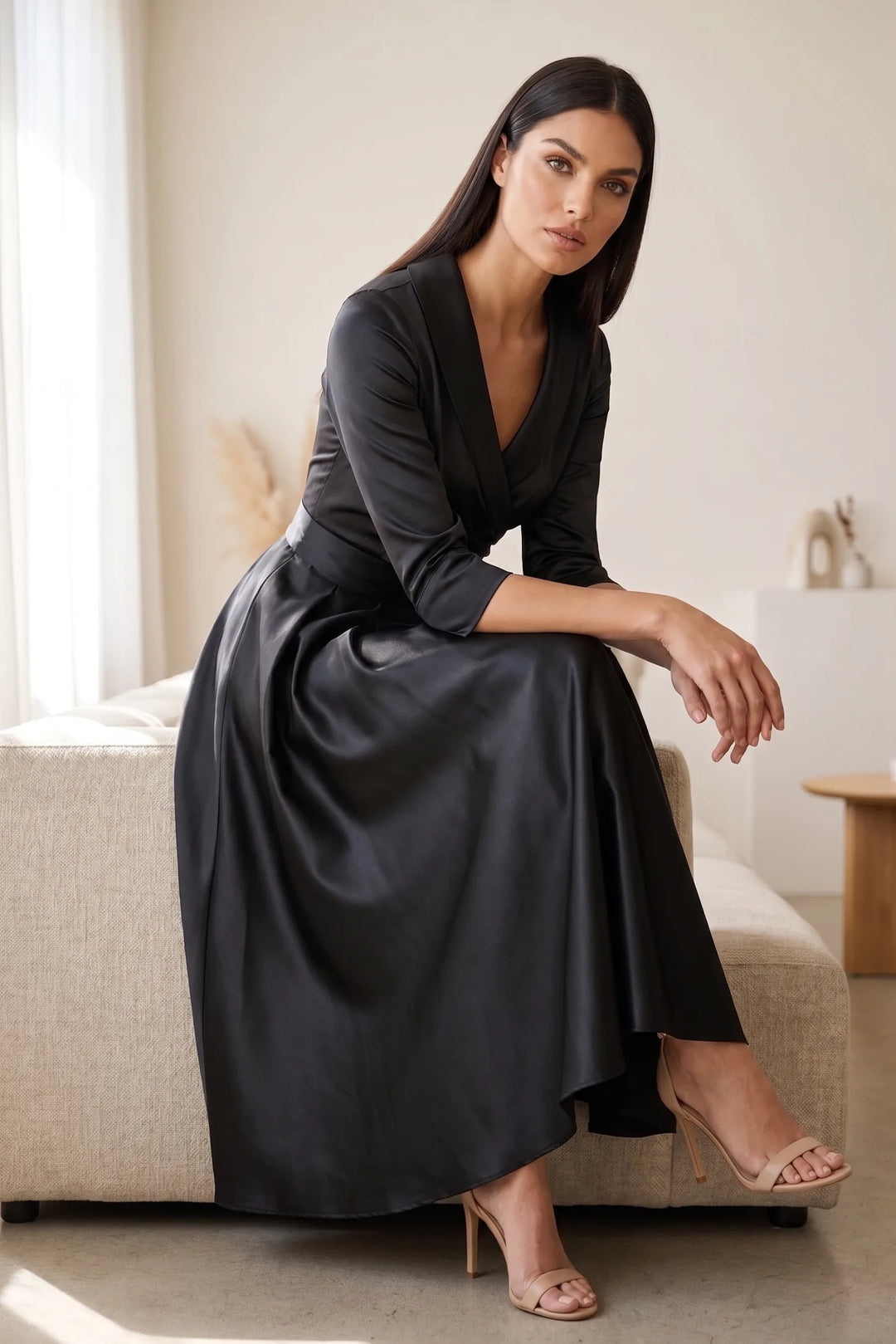 Model styled in a black pleated satin midi skirt in an outdoor lifestyle scene