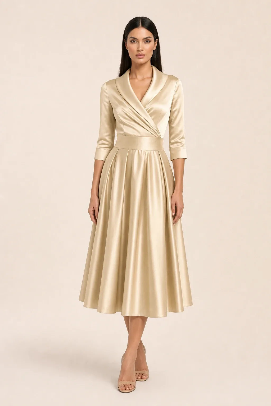 Light brown pleated satin midi skirt on a model in a contrapposto stance