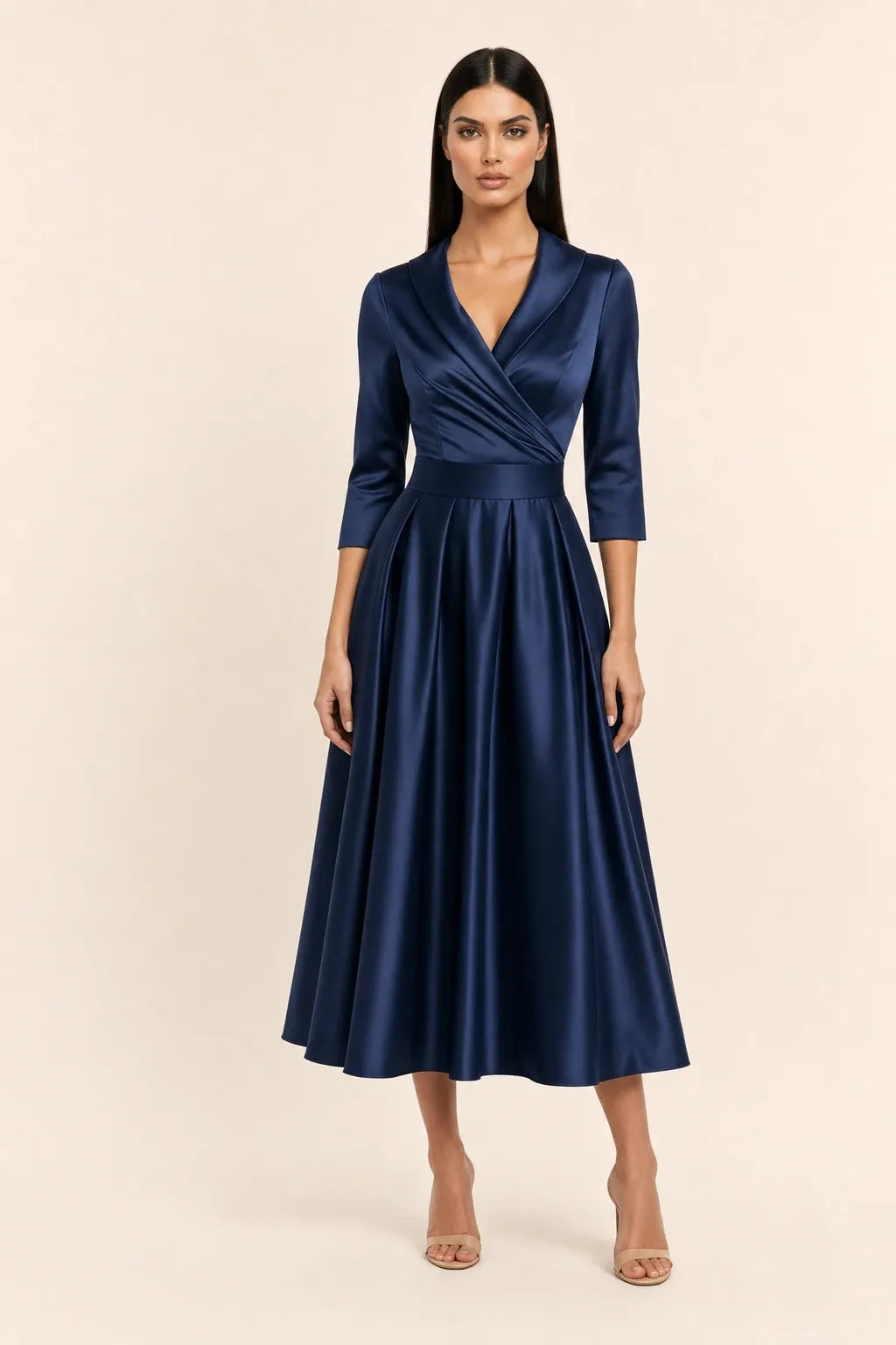 Navy blue pleated satin midi skirt on a model in a contrapposto stance