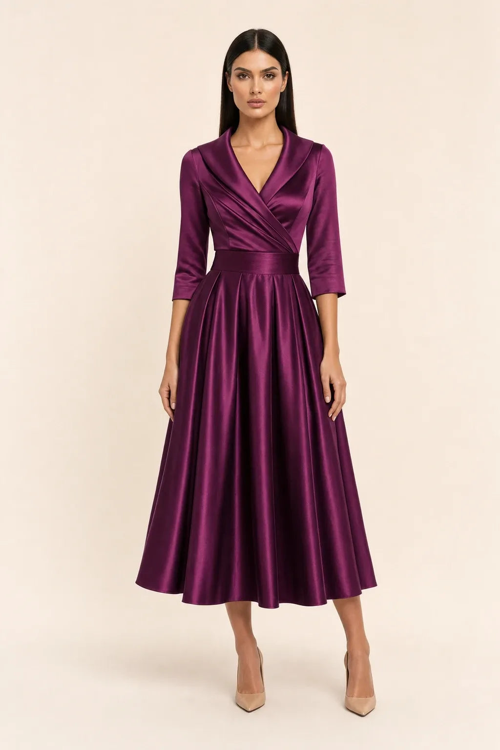 Purple pleated satin midi skirt on a model in a contrapposto stance