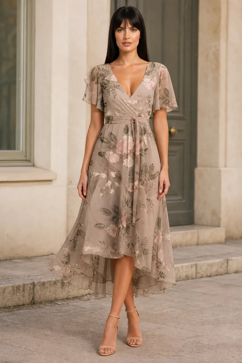 Beige floral wrap midi dress on model in contrapposto stance