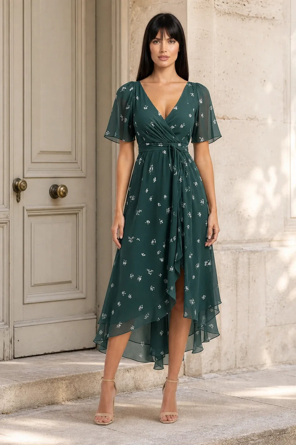 Green floral wrap midi dress on model in contrapposto stance