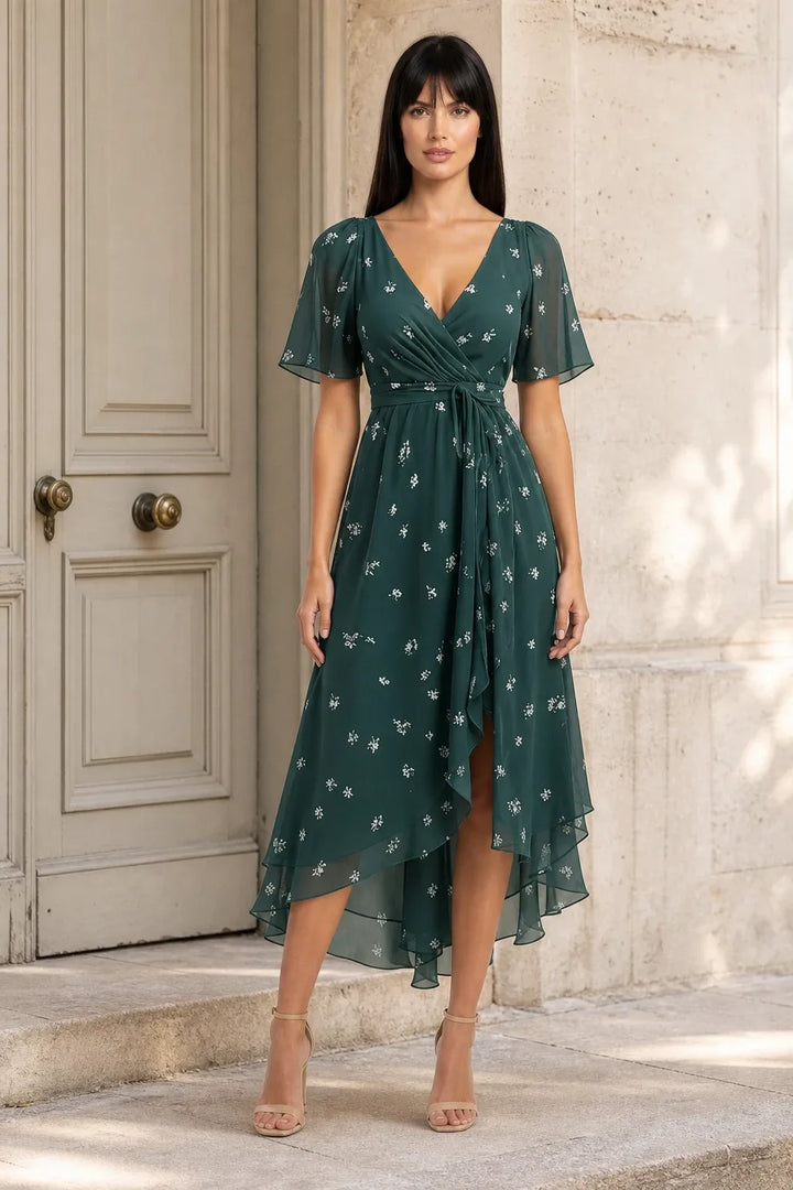 Green floral wrap midi dress on model in contrapposto stance