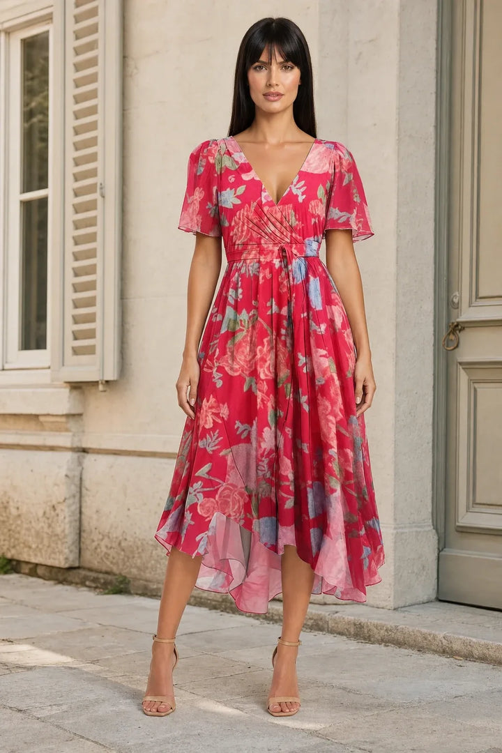 Pink floral wrap midi dress on model in contrapposto stance