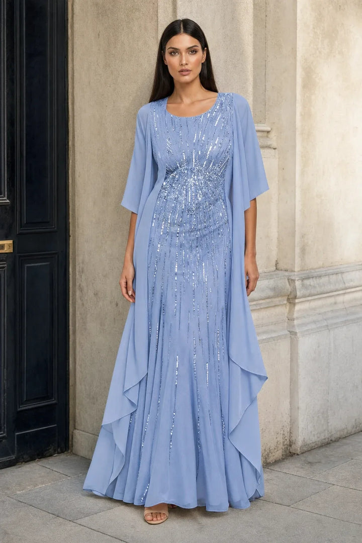 Blue floral two-piece midi set on model in contrapposto stance