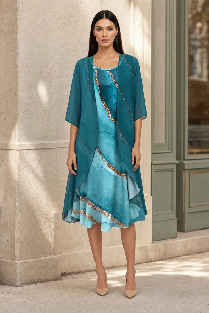 Blue patterned floral two-piece midi set on model in contrapposto stance
