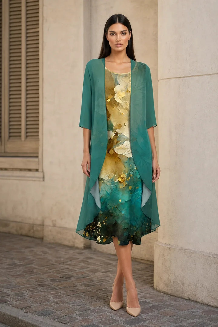 Green patterned floral two-piece midi set on model in contrapposto stance