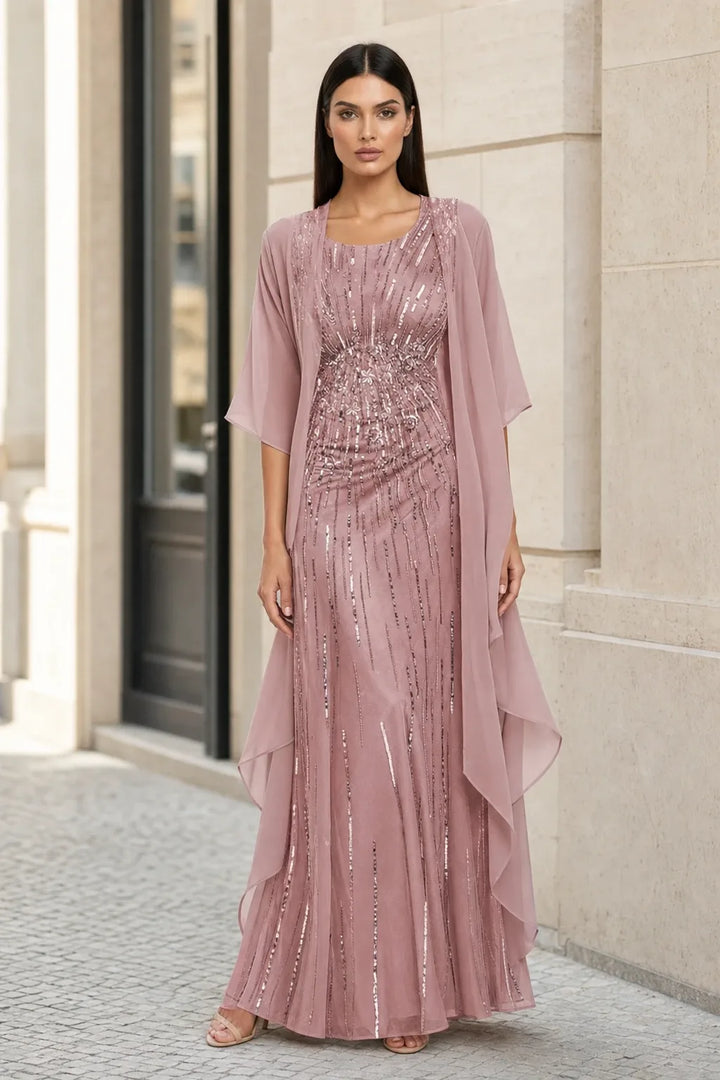 Pink floral two-piece midi set on model in contrapposto stance