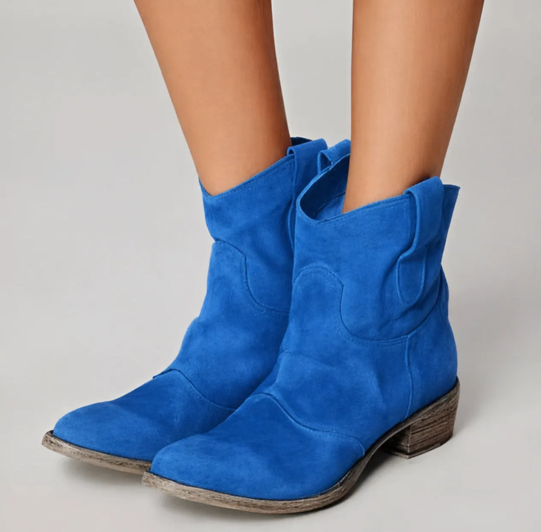Blue western ankle boot, close-up detail of decorative stitching and pull tabs