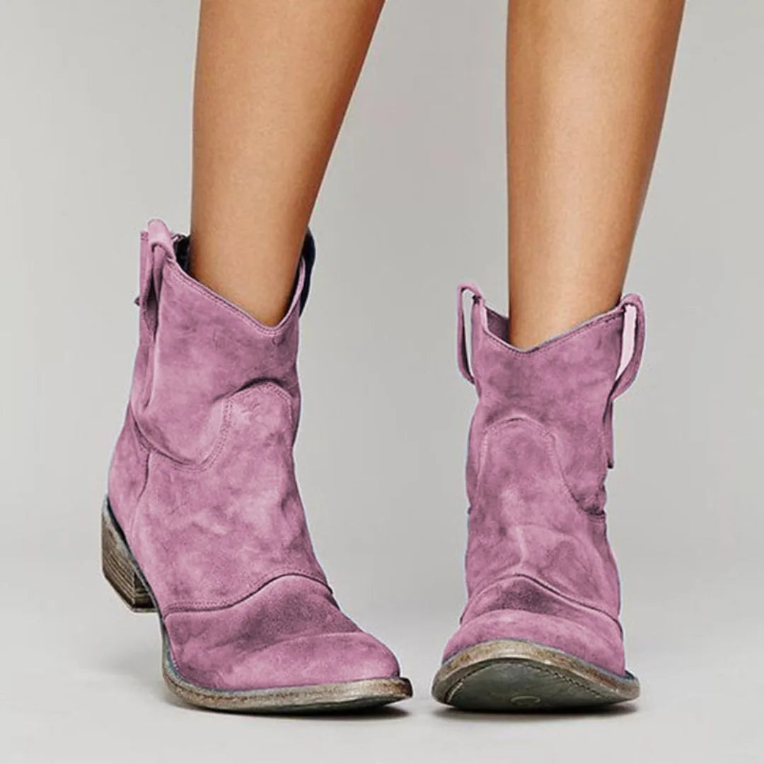 Purple western ankle boot, full view showing embroidered shaft and pointed toe