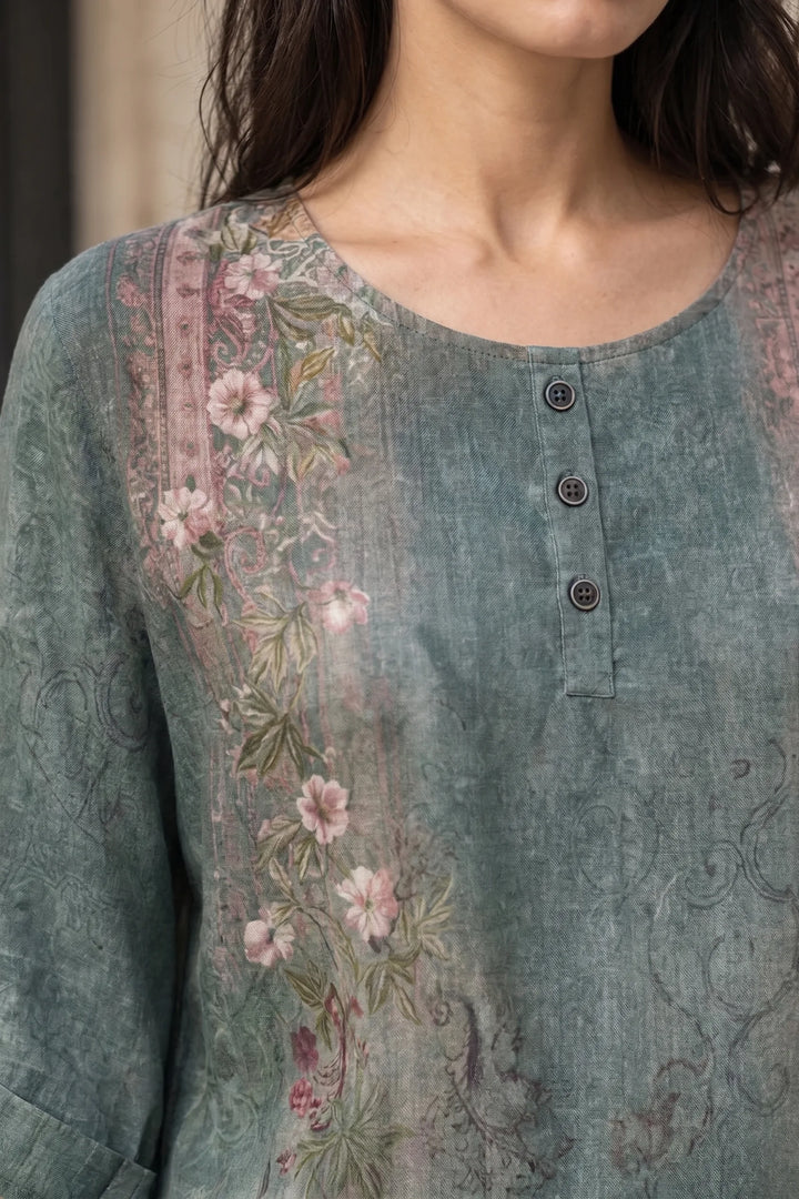 Close-up detail of green boho print tunic blouse fabric and pattern