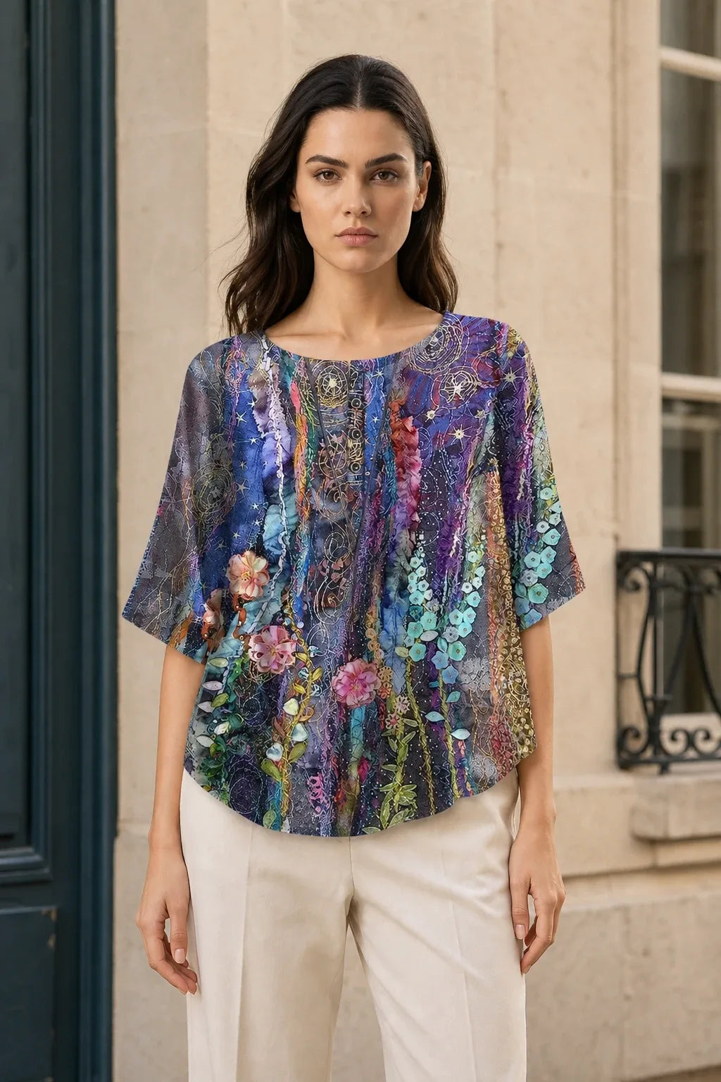 Purple boho print tunic blouse on model in contrapposto stance