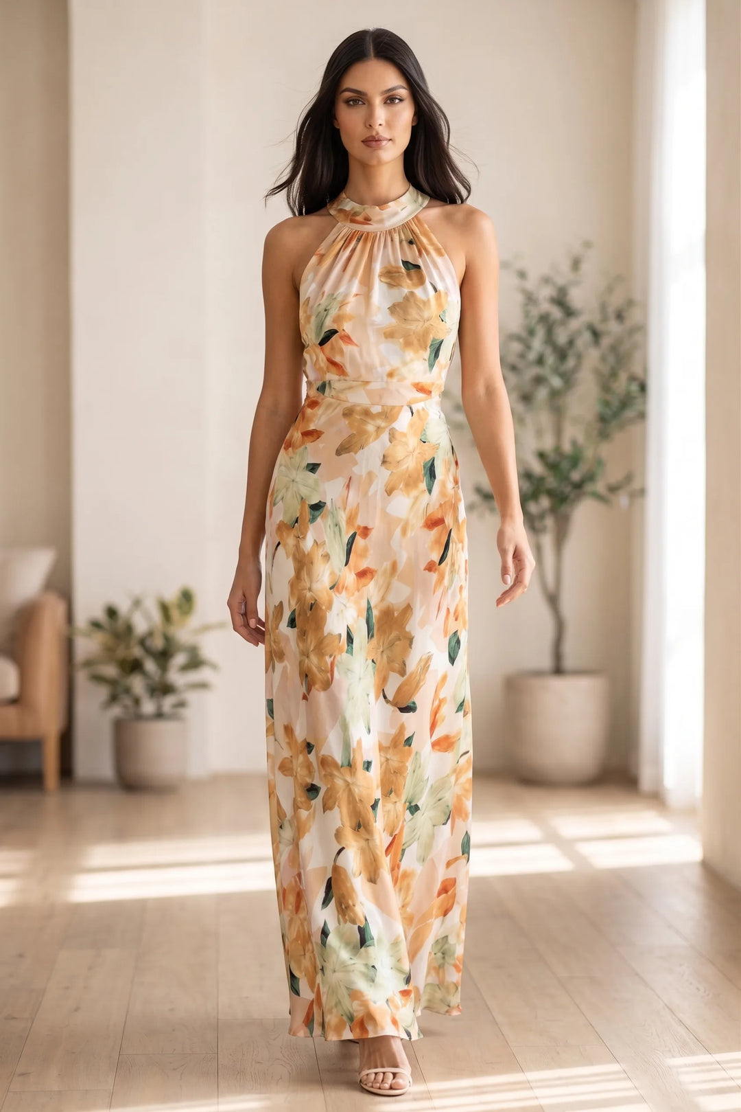 Model wearing floral halter maxi dress in outdoor lifestyle setting