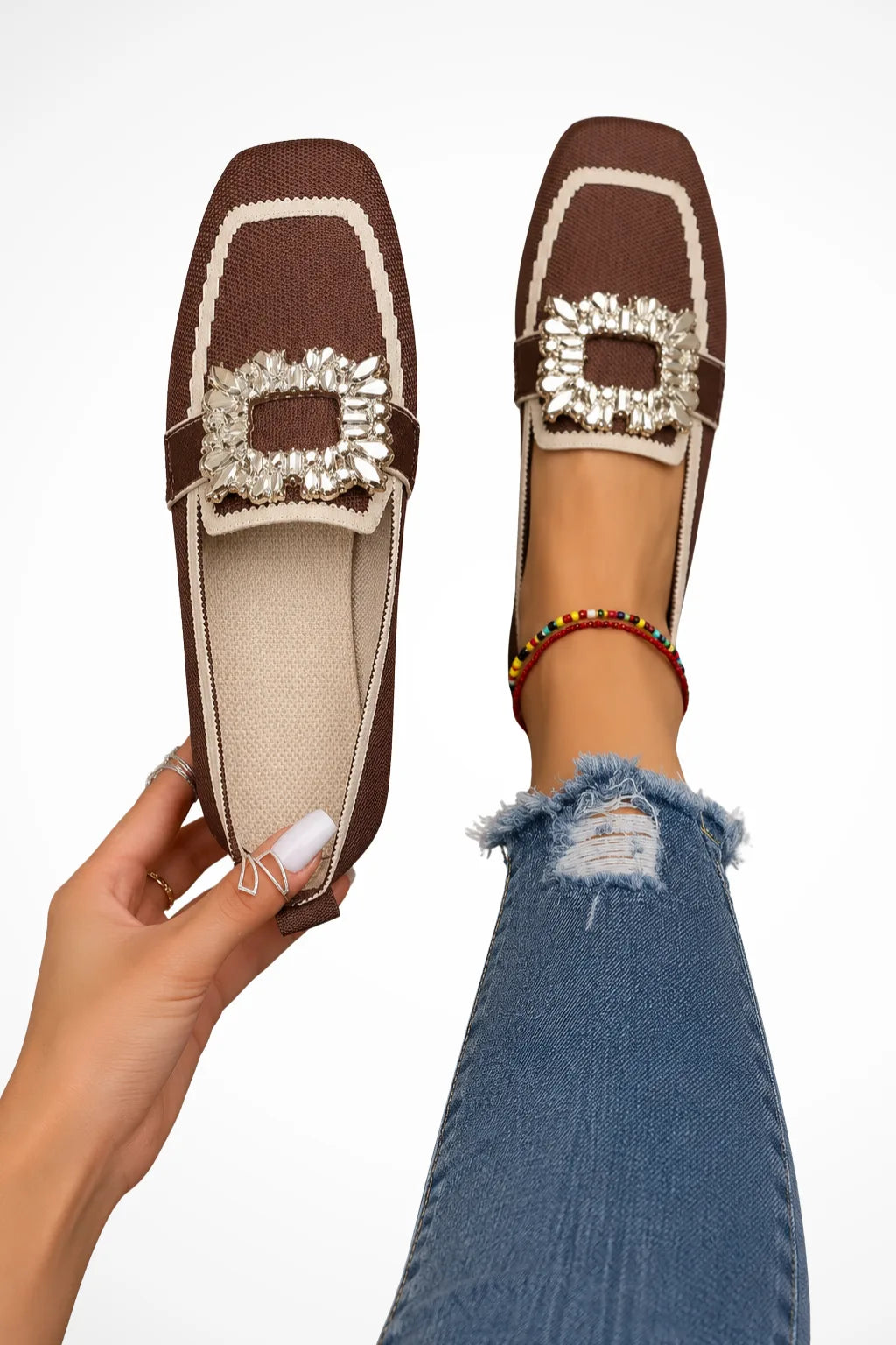 Brown loafer with jewelled buckle detail, front view