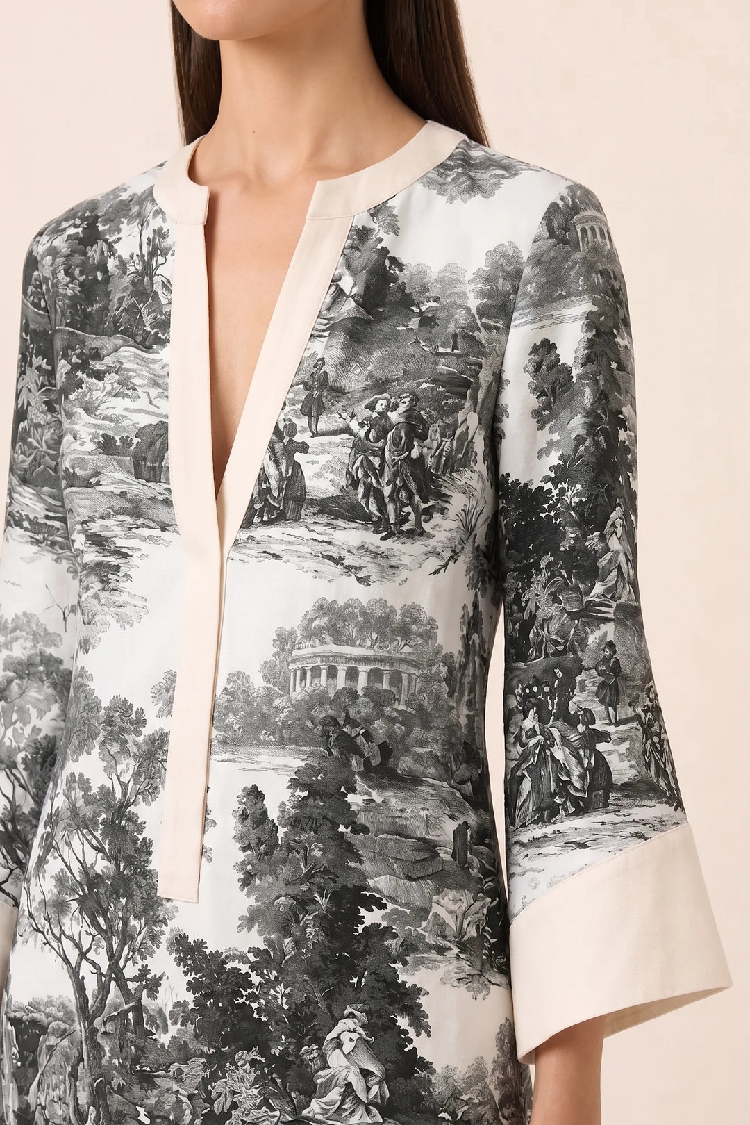 Close-up detail of black and white toile print shirt dress