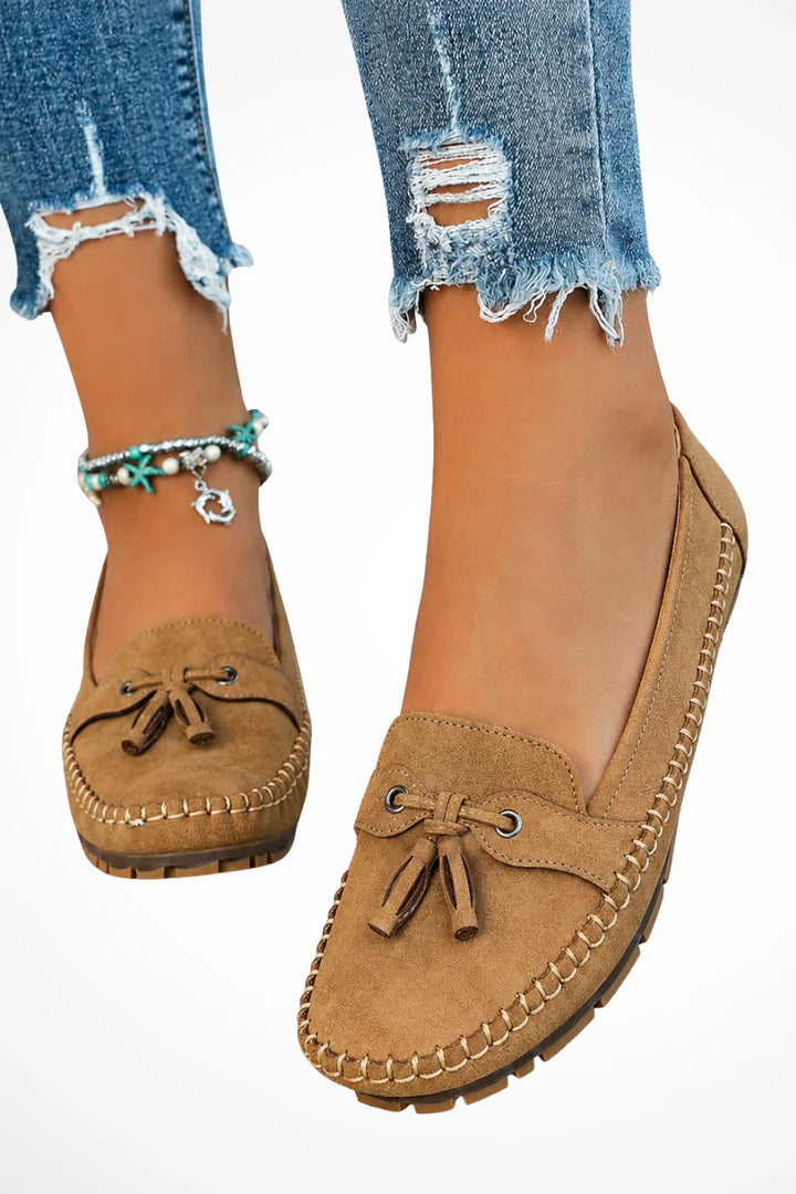 Brown suede tassel loafer, front view