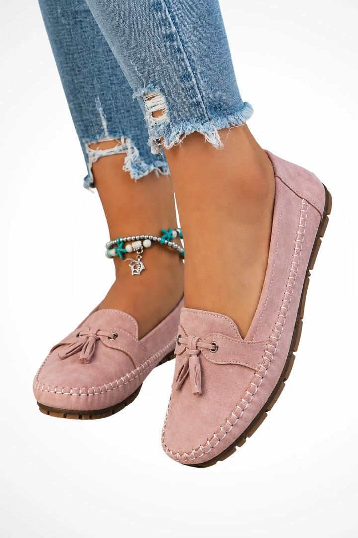 Pink suede tassel loafer, front view