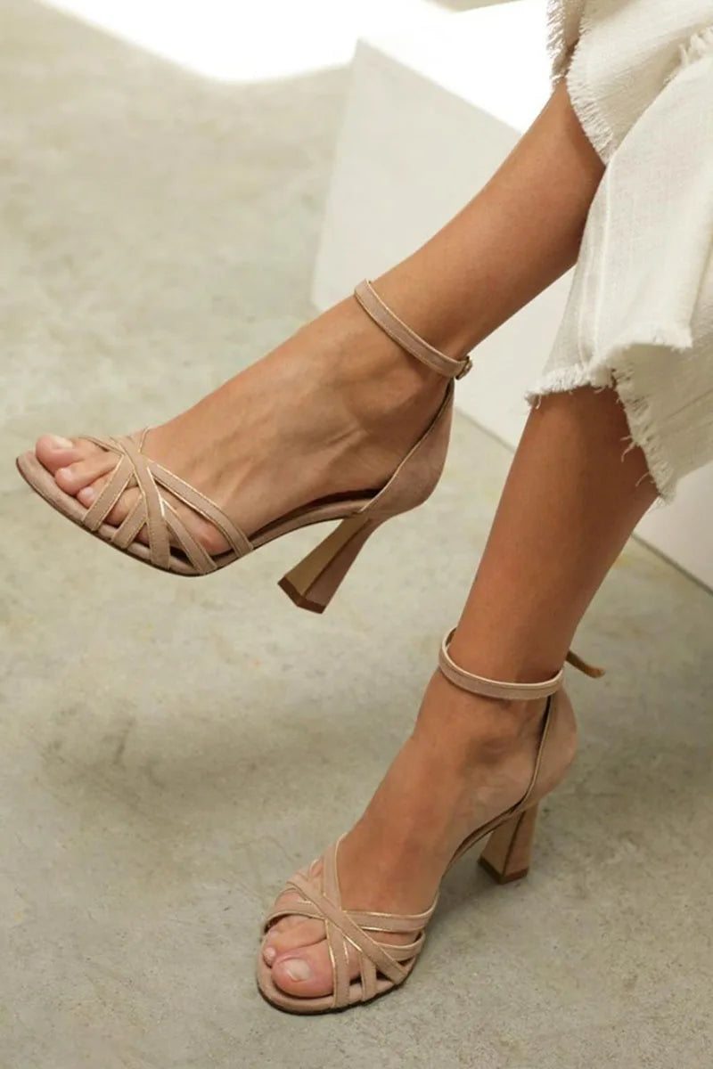 Brown strappy block heel sandal, front view