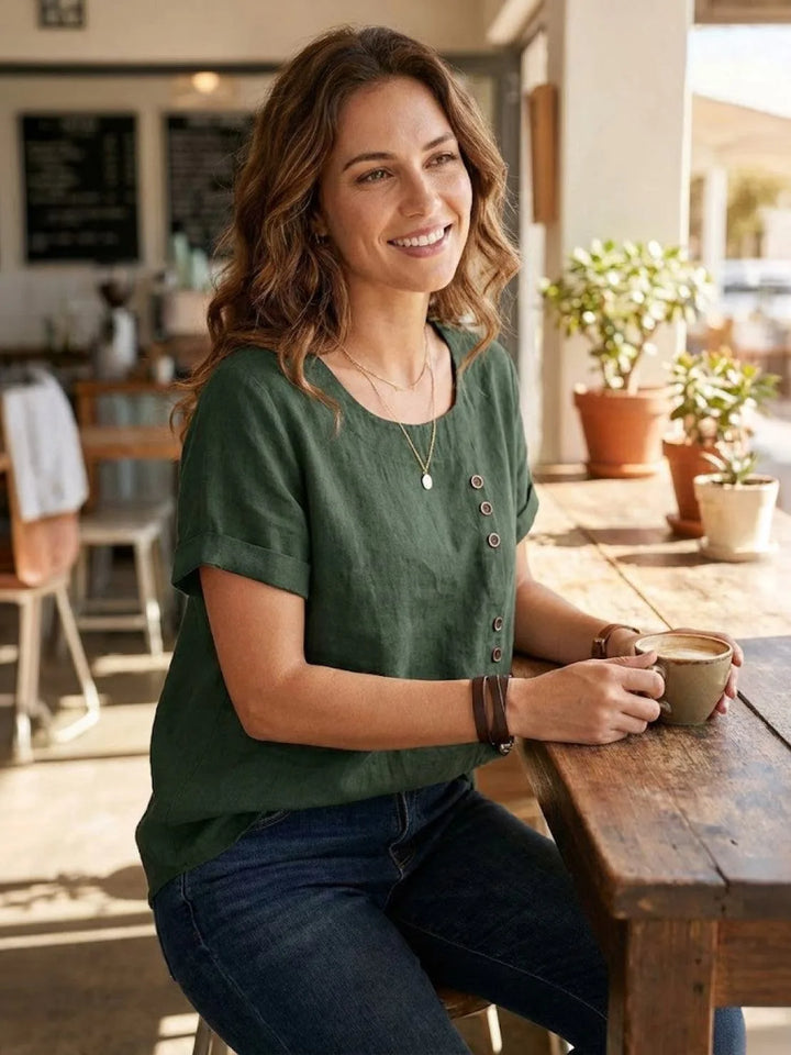 Army green button detail scoop neck top on model