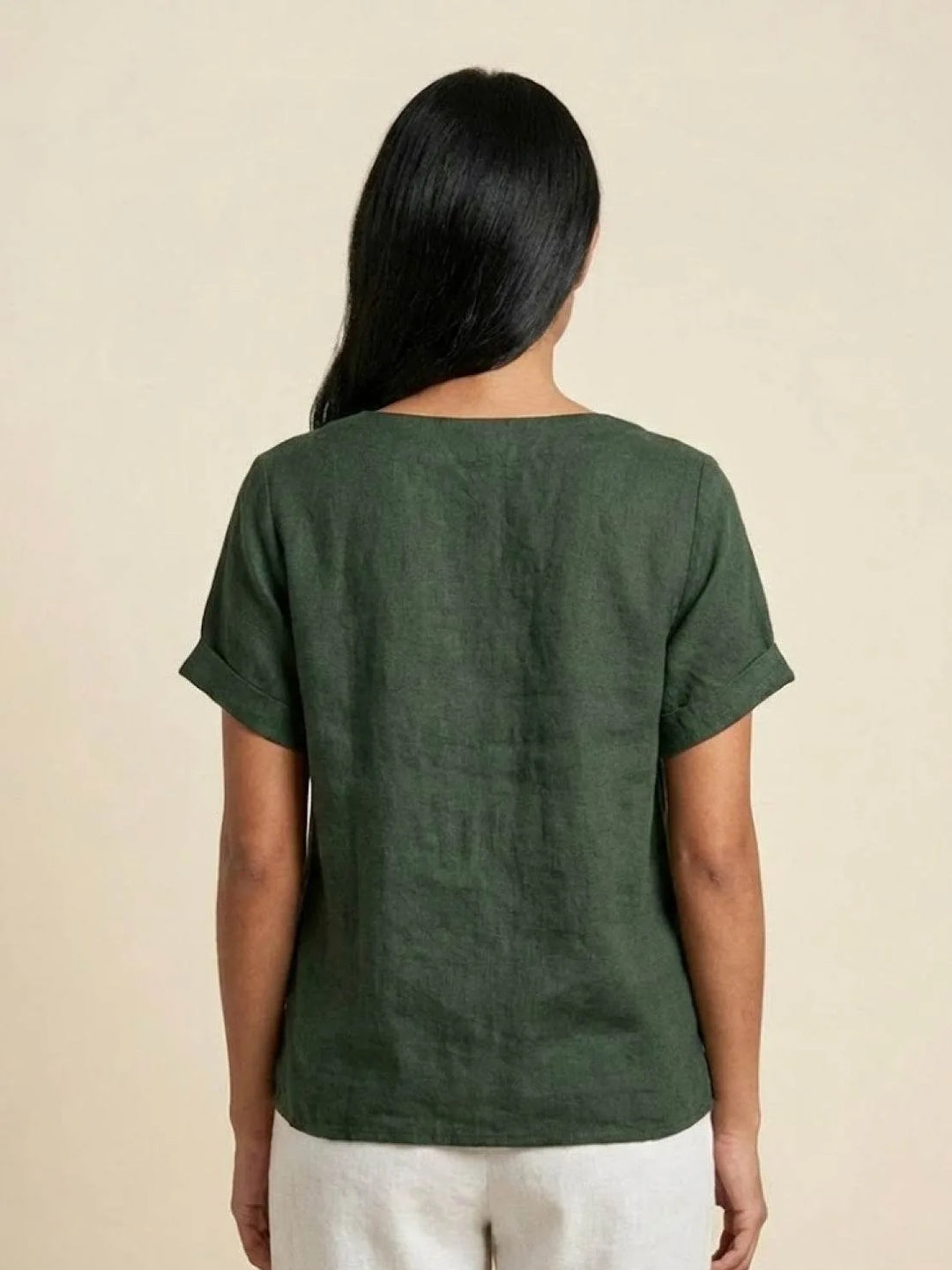 Army green button detail scoop neck top on model