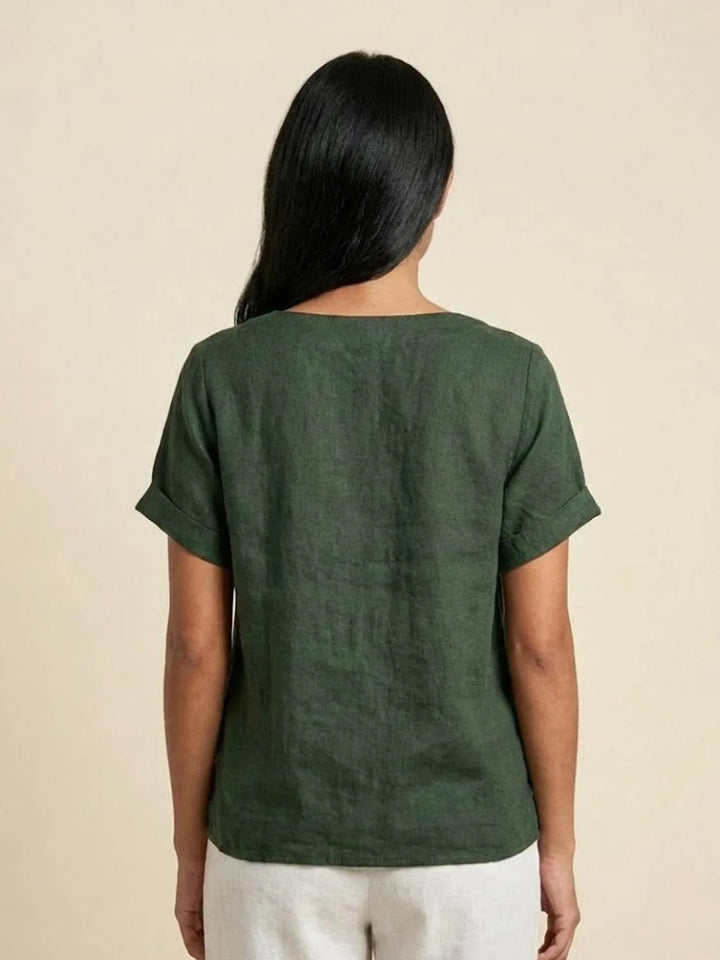 Army green button detail scoop neck top on model