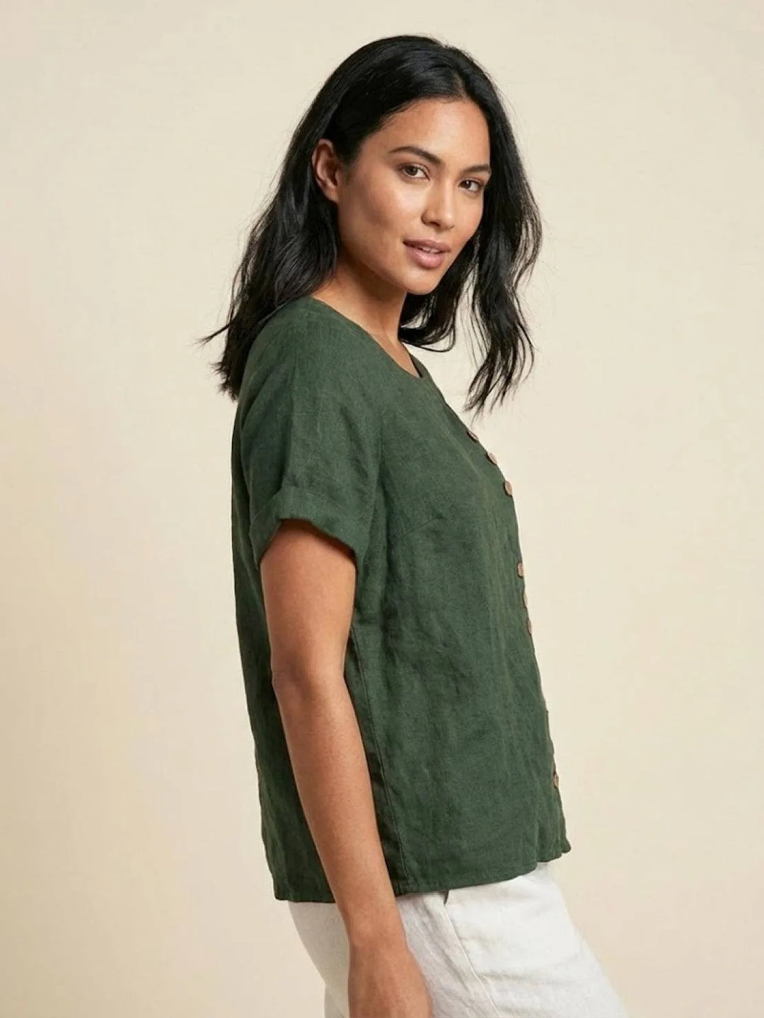 Army green button detail scoop neck top on model