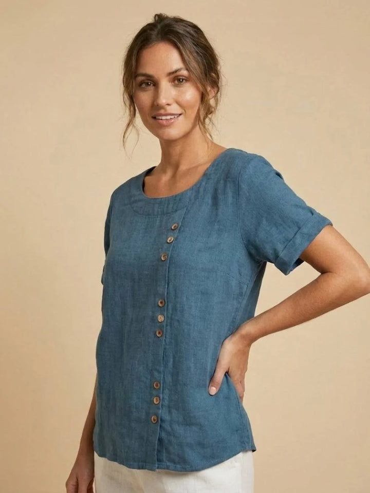 Army green button detail scoop neck top on model