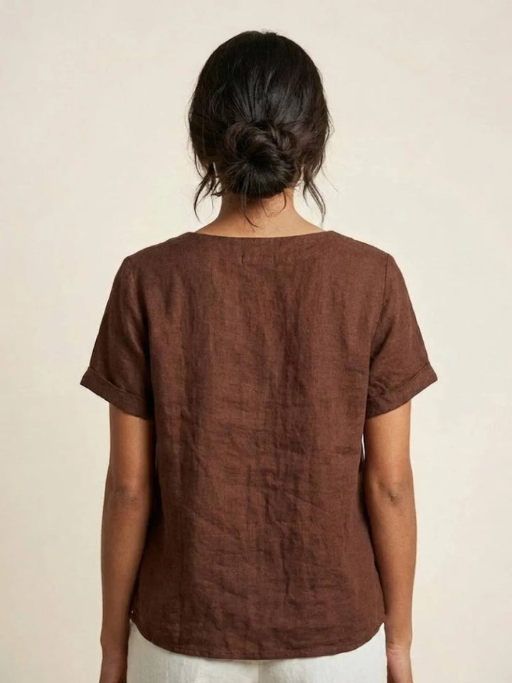 Army green button detail scoop neck top on model