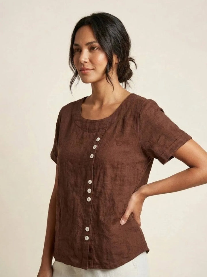 Army green button detail scoop neck top on model