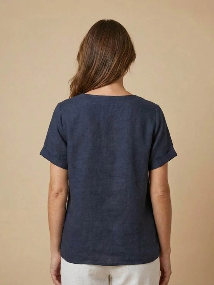Army green button detail scoop neck top on model