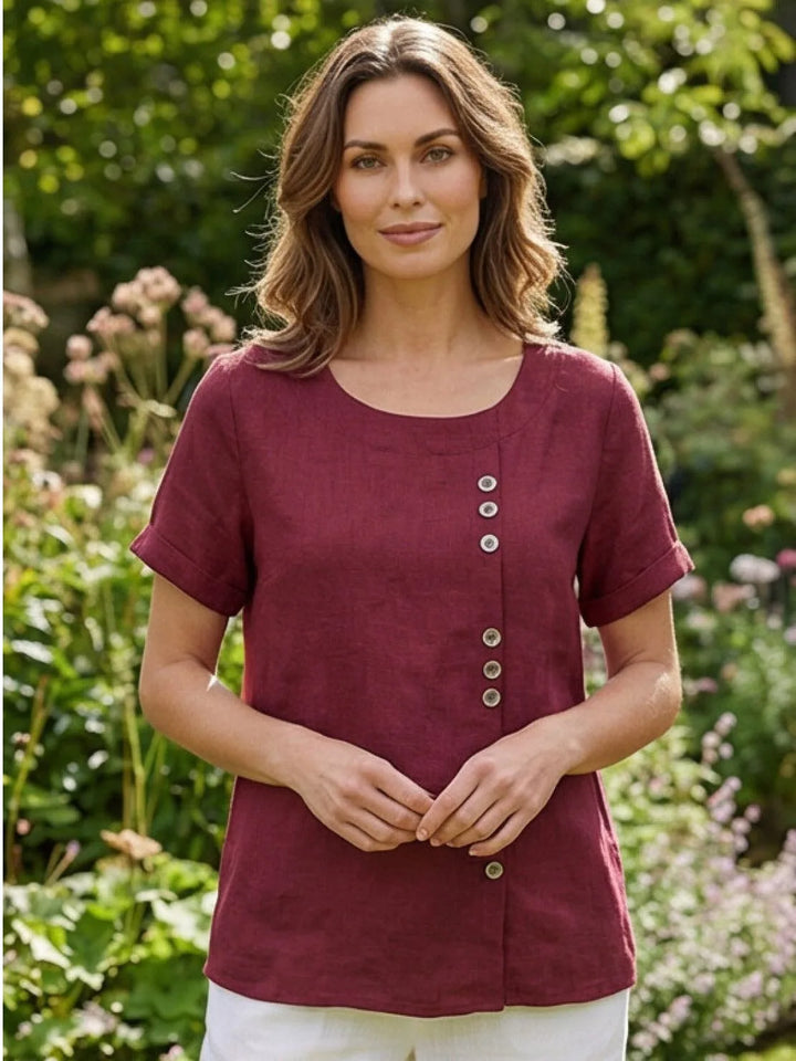 Army green button detail scoop neck top on model
