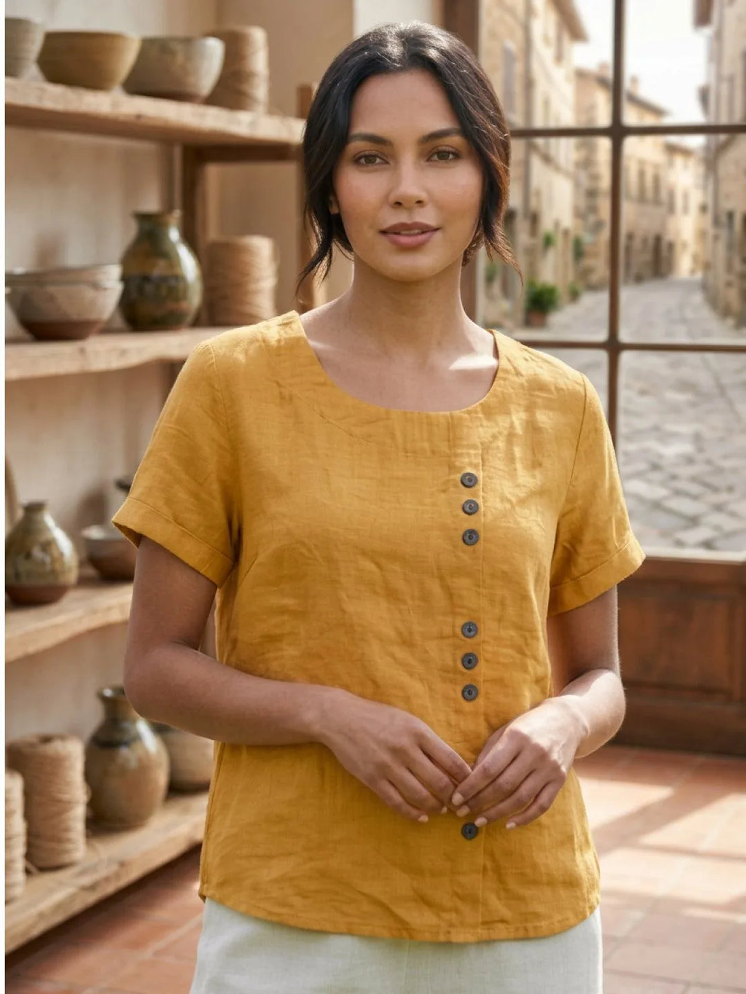 Army green button detail scoop neck top on model