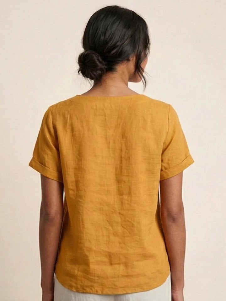 Army green button detail scoop neck top on model