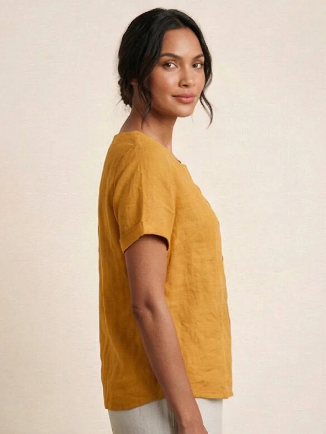 Army green button detail scoop neck top on model