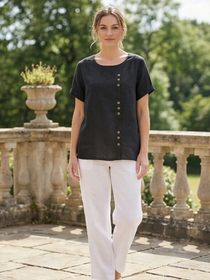 Army green button detail scoop neck top on model