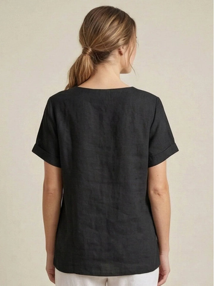 Army green button detail scoop neck top on model