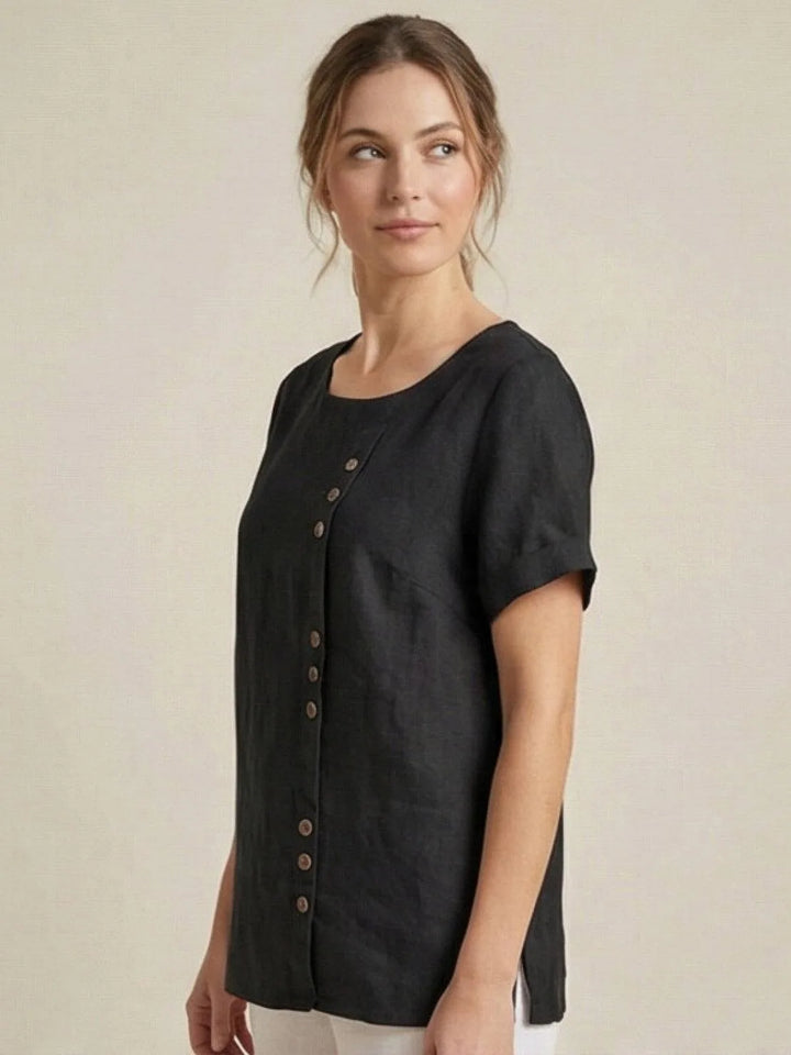 Army green button detail scoop neck top on model