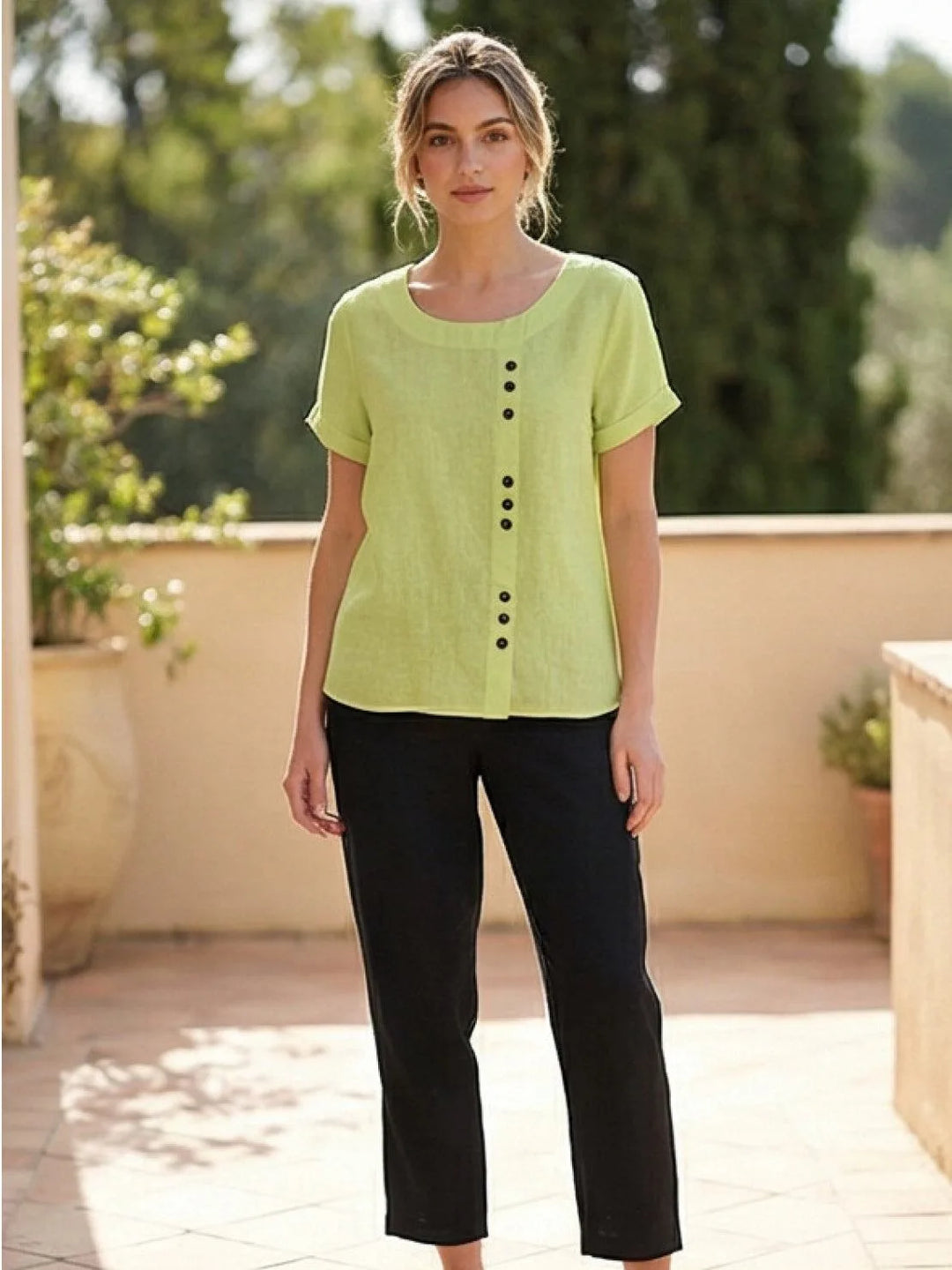Army green button detail scoop neck top on model